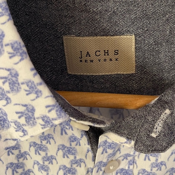 Men’s JACHS white with blue elephant print SS button down collared shirt, Large - Picture 4 of 5